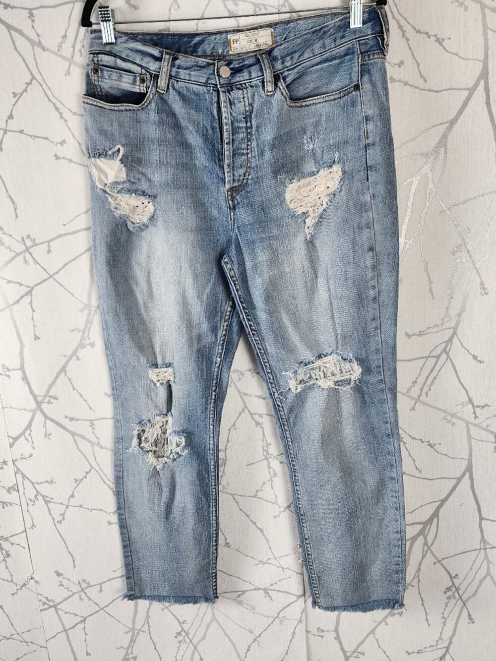 Free People Light Wash Lace Patch Ripped Ankle Boyfriend Jeans